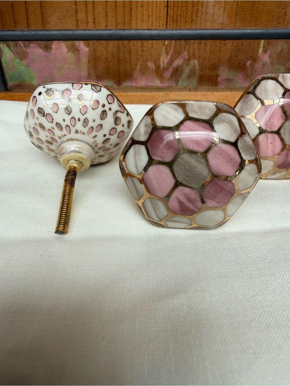 SKLUM Ceramic Dresser Knobs Pink Peony Honeycomb Gold Geometric Hardware Set 6